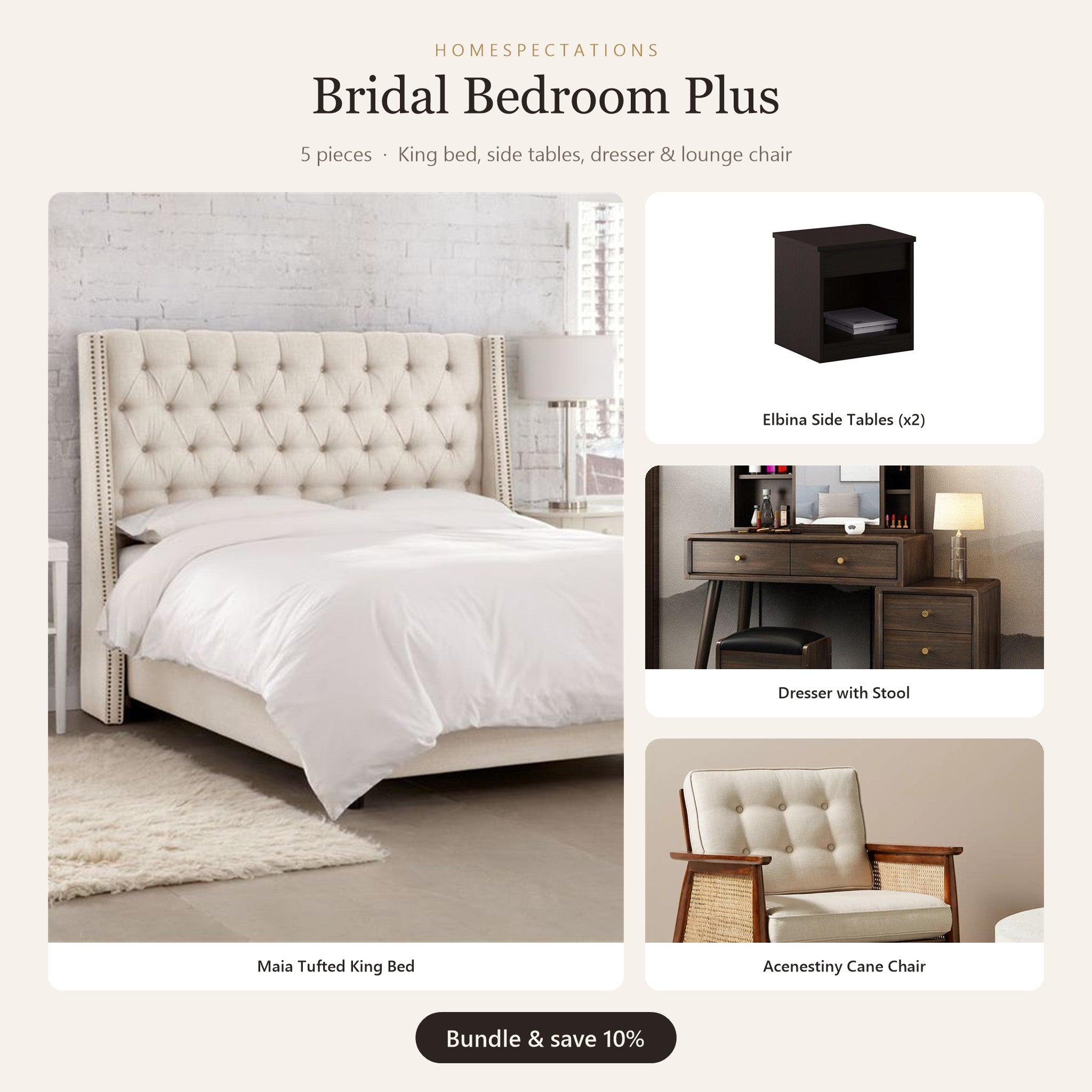 Bridal Bedroom Plus Bundle - Maia king bed, side tables, dresser and cane lounge chair