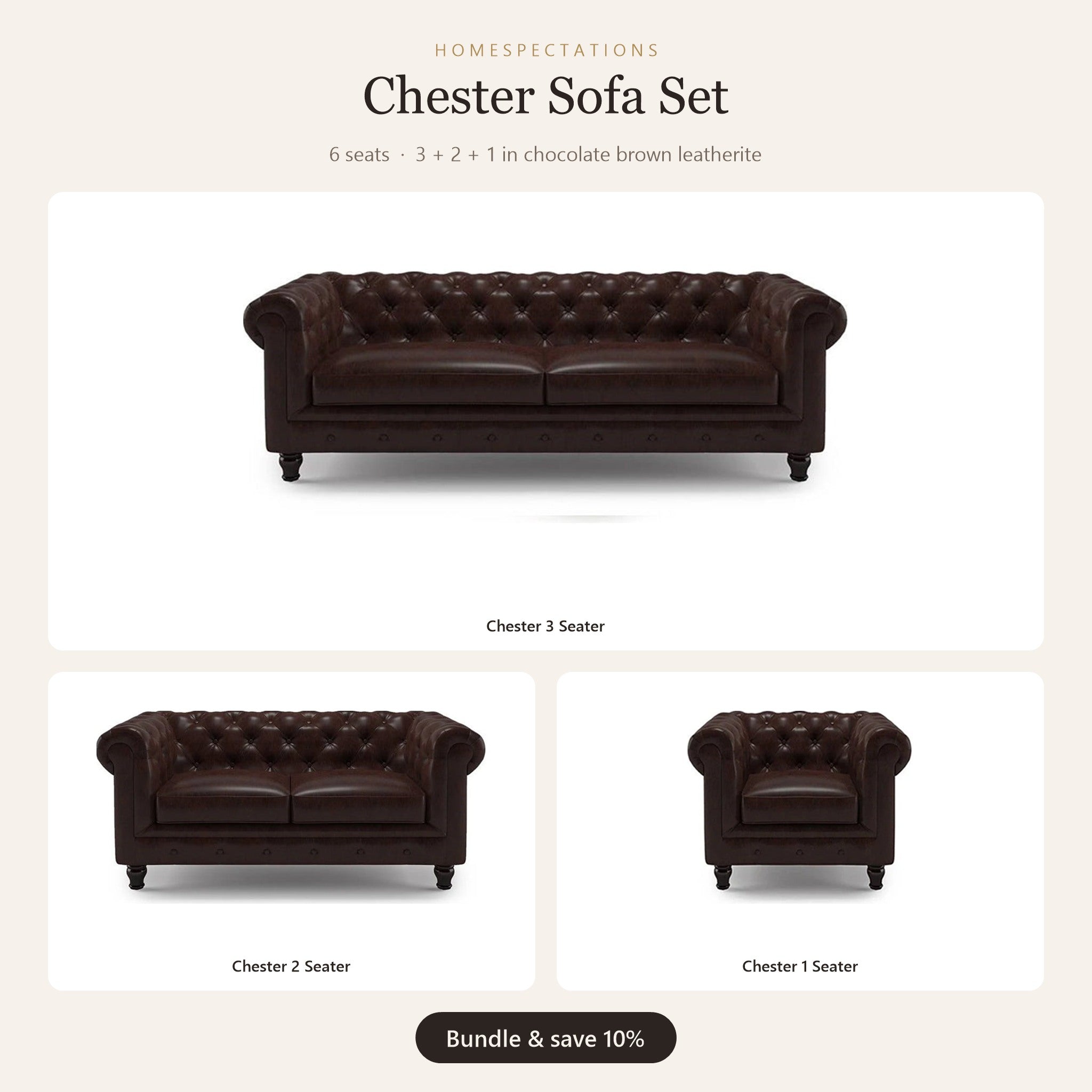 Chester Sofa Set 3+2+1 in chocolate brown leatherite