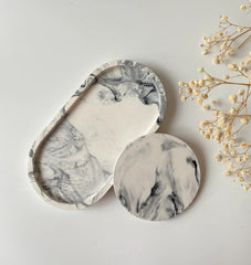 Set of 2 Marble Concrete Oval Tray and Coaster