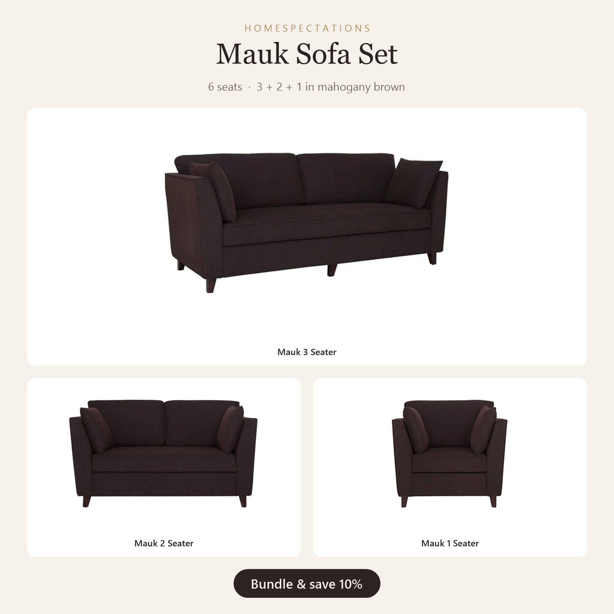 Mauk Sofa Set 3+2+1 in mahogany brown
