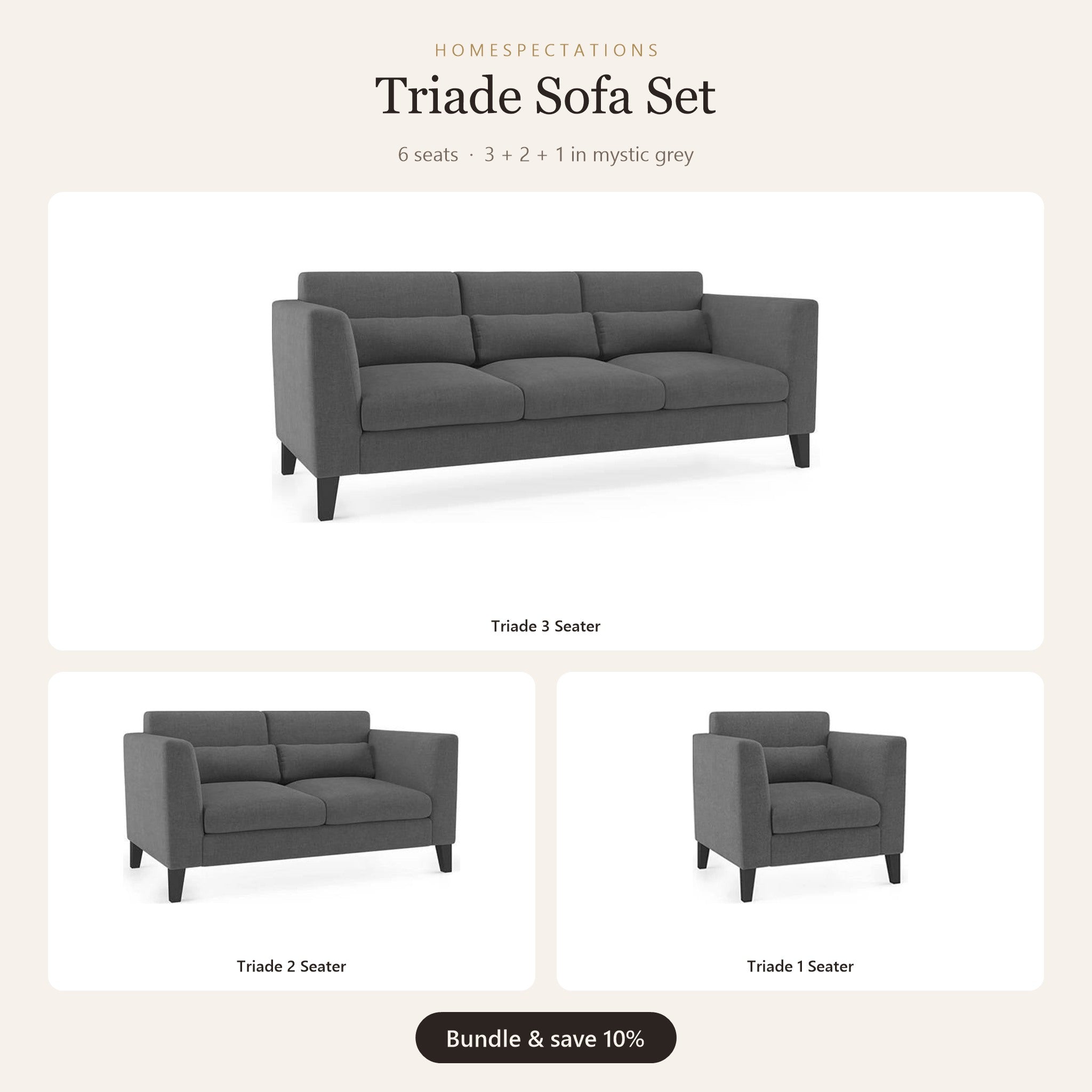 Triade Sofa Set 3+2+1 in mystic grey