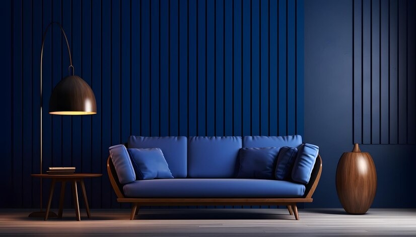 Wooden Dark Blue Three Seater Sofa