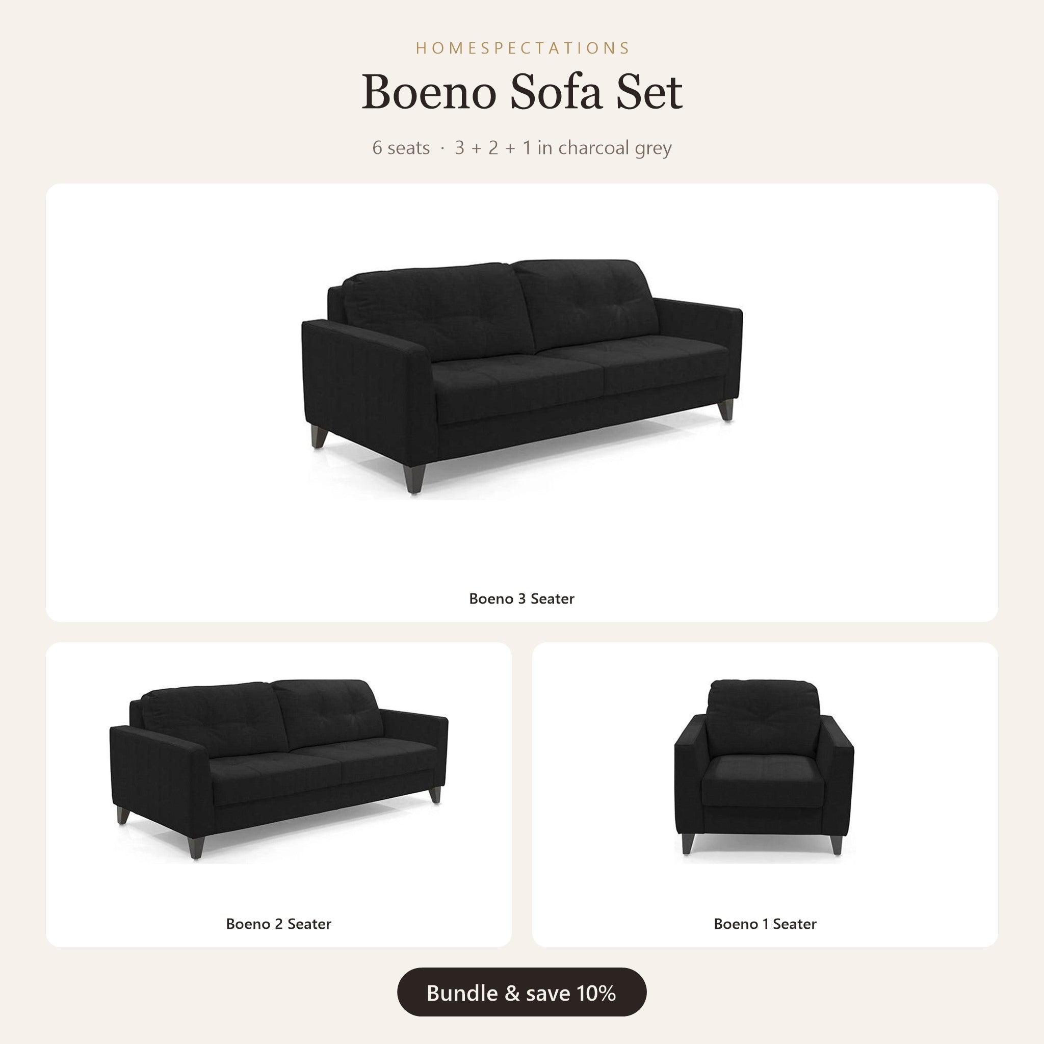 Boeno Sofa Set 3+2+1 in charcoal grey