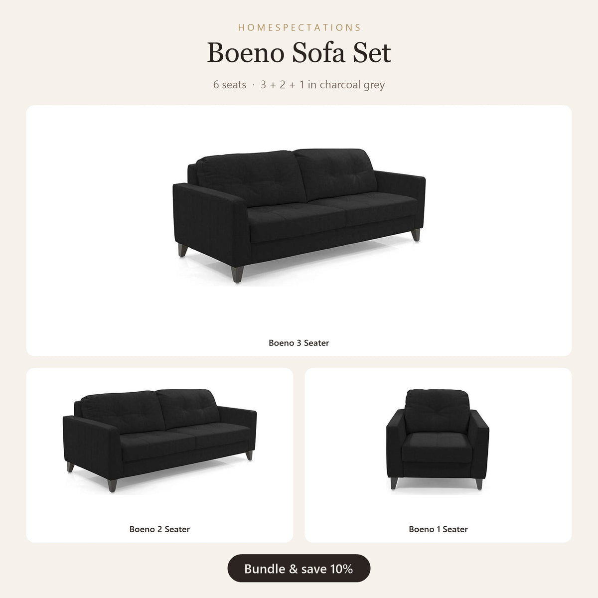 Boeno Sofa Set 3+2+1 in charcoal grey