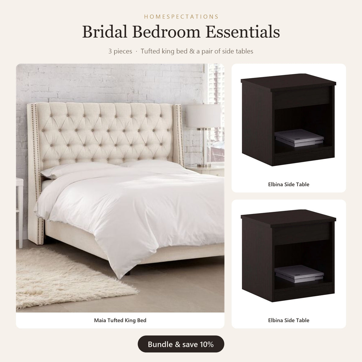 Bridal Bedroom Essentials - Maia king bed and two side tables