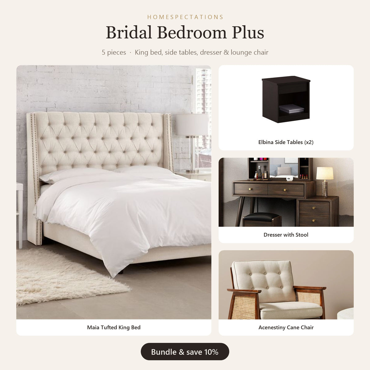 Bridal Bedroom Plus Bundle - Maia king bed, side tables, dresser and cane lounge chair