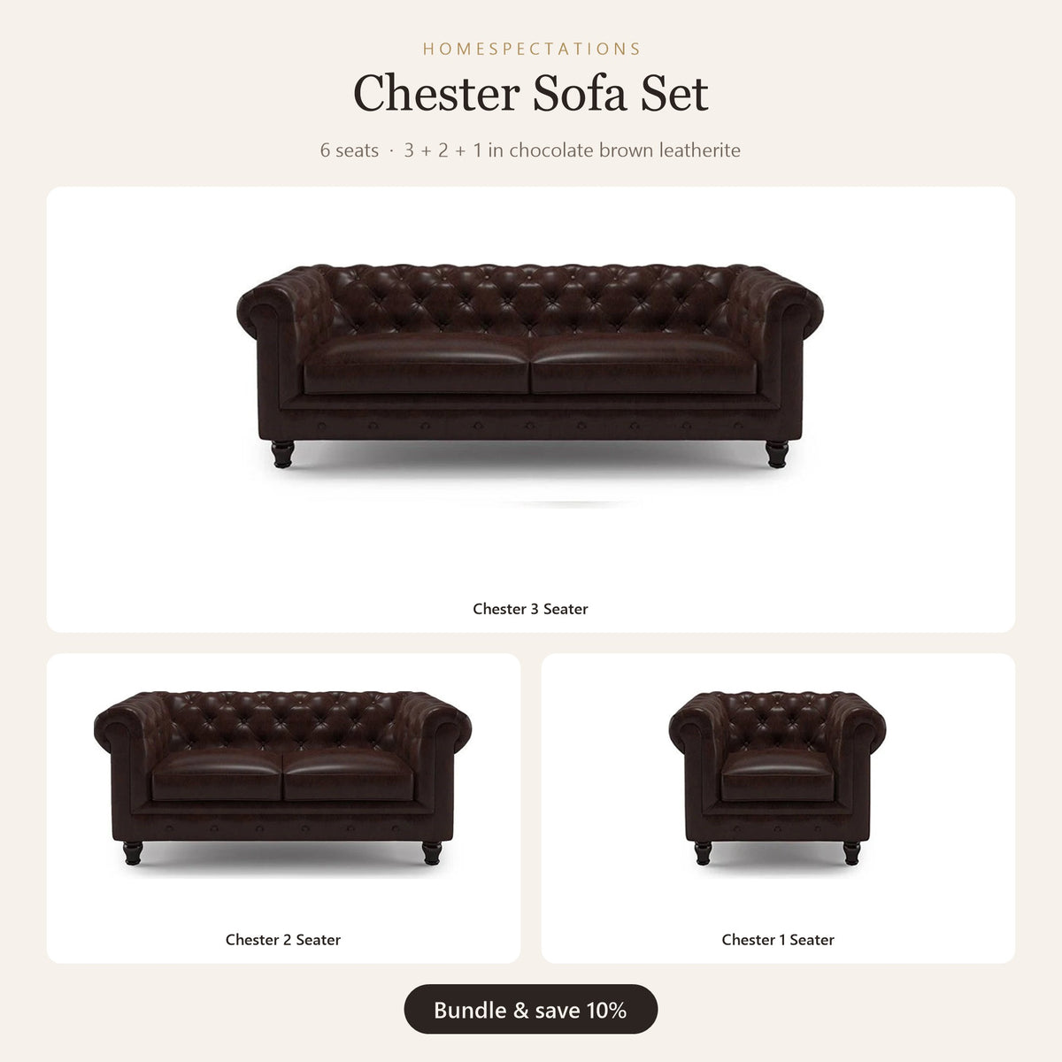 Chester Sofa Set 3+2+1 in chocolate brown leatherite