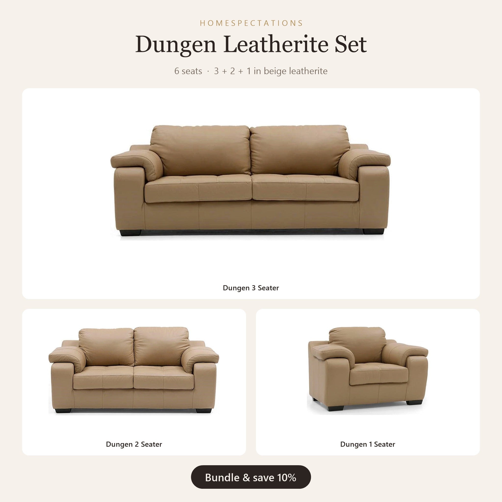 Dungen Leatherite Sofa Set 3+2+1 in beige