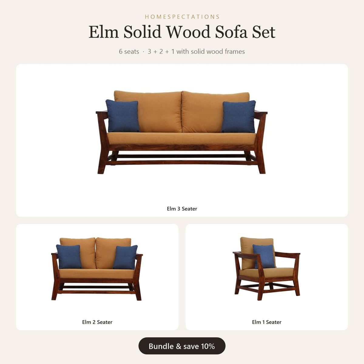 Elm Solid Wood Sofa Set 3+2+1