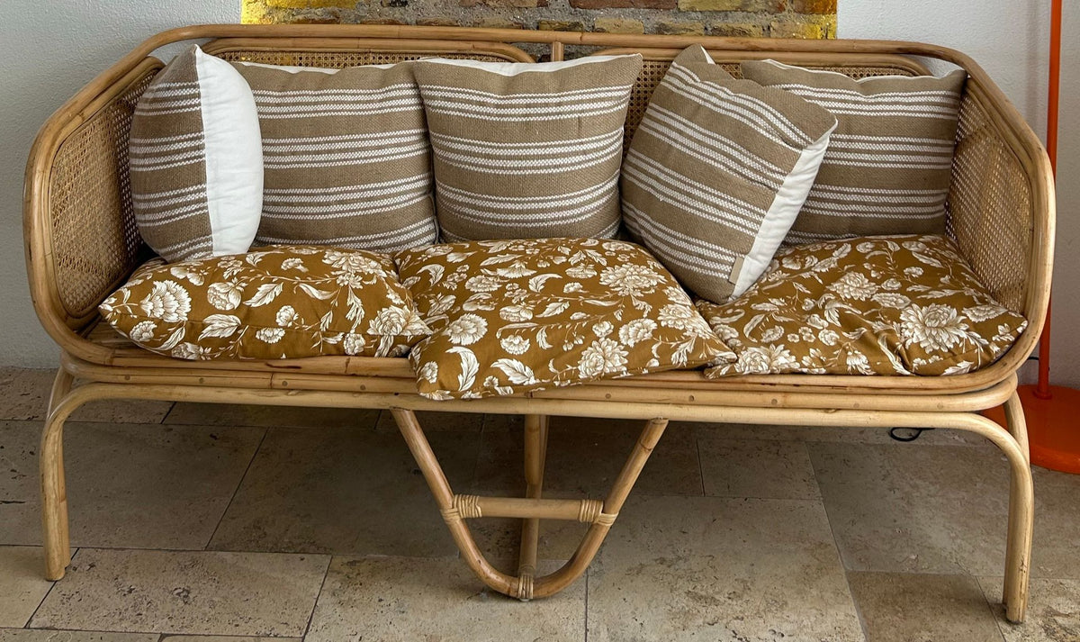 Arch bentwood rattan sofa with printed cushions