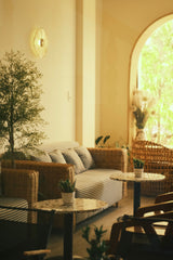 Café rattan sofa, side view by an arched window