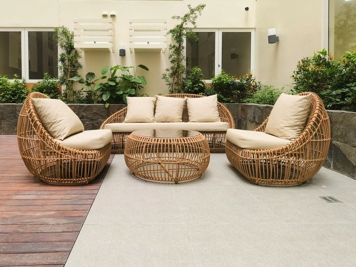 Nest rattan lounge set with sofa, two lounge chairs and coffee table