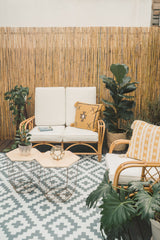 Riviera rattan loveseat styled with plants and a patterned rug