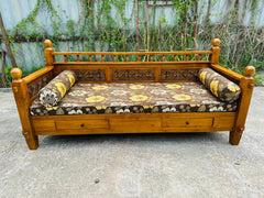 Shahi carved teak daybed sofa cum bed with patterned mattress and bolsters