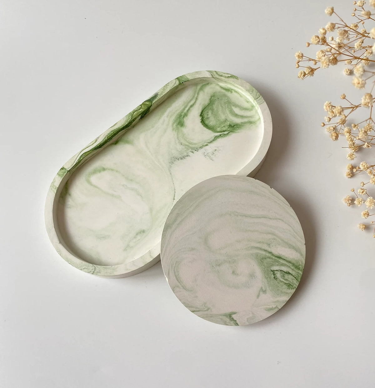 Set of 2 Marble Concrete Oval Tray and Coaster