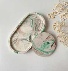 Set of 2 Marble Concrete Oval Tray and Coaster