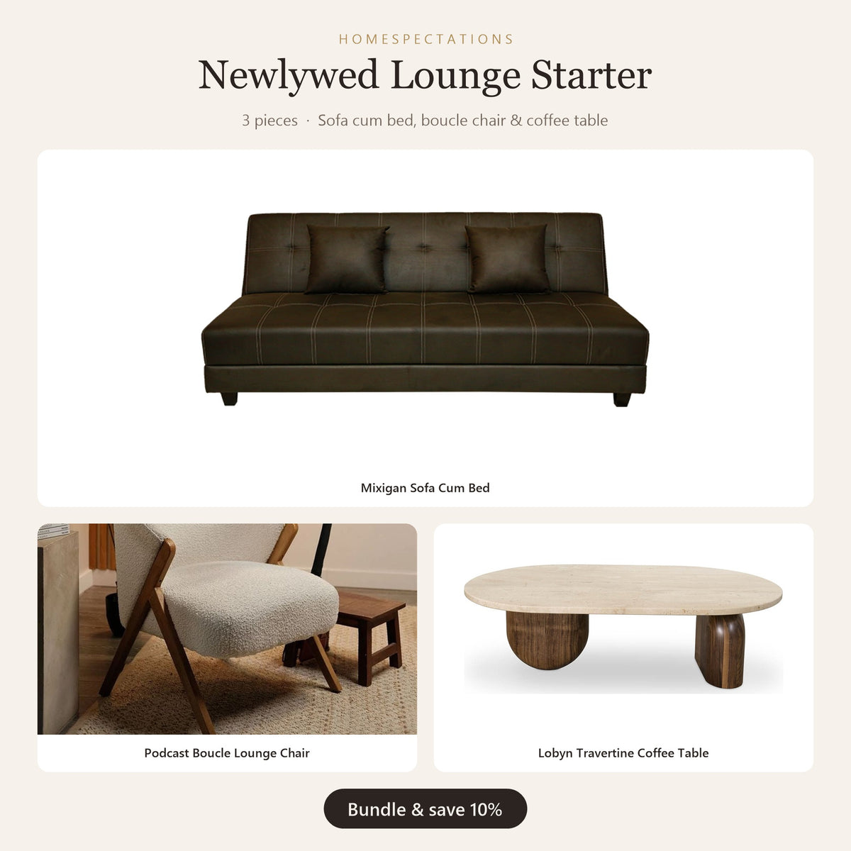 Newlywed Lounge Starter - sofa cum bed, boucle chair and coffee table