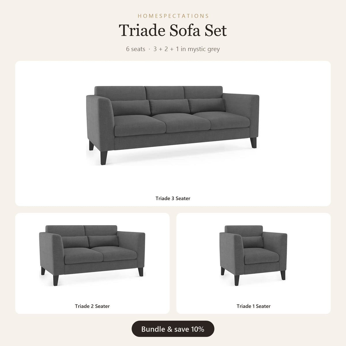 Triade Sofa Set 3+2+1 in mystic grey